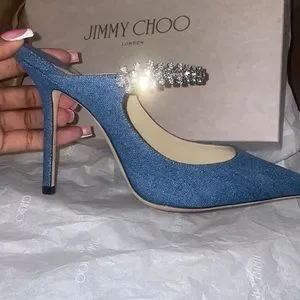 クリスタル★Jimmy Choo BING 120 ウェッジサンダル DENIM JIMMY CHOO Bing 120 crystal-embellished leather wedge
